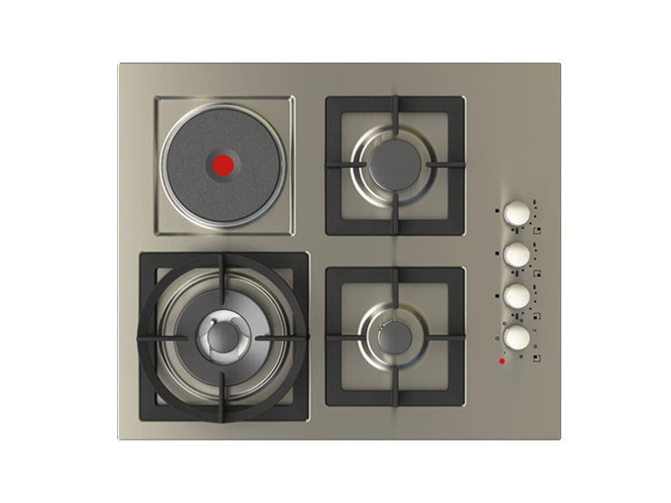 60 cm Jeweline Hob, 3Gas (1 Double Ring 4KW) + 1 Electric Plate -Cast Iron - Side Knobs