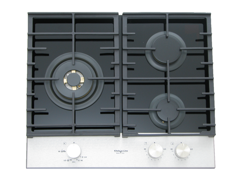 60 cm PRO Hob, 3 Gas Burners . Cast Iron Support - Front Knobs