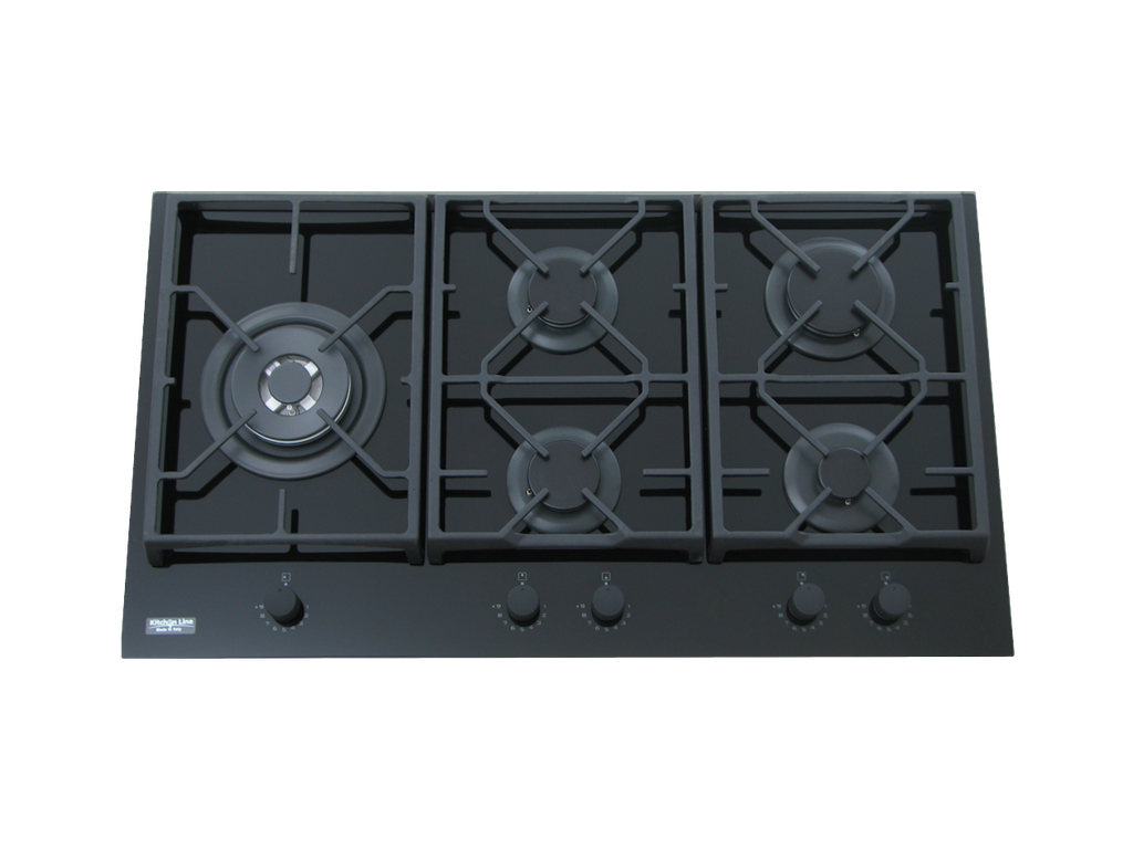90 cm Ceramic glass Hob, 5 Gas Burners . Cast Iron Support - Front Knobs