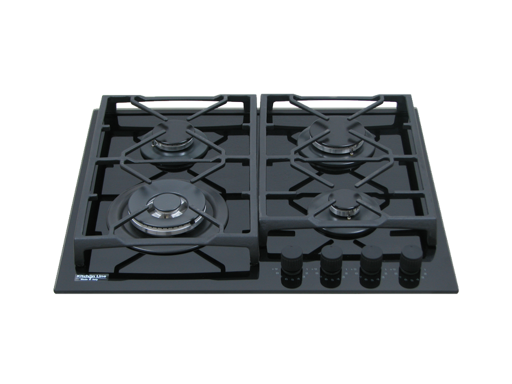 60 cm Ceramic glass Hob, 4 Gas Burners . Cast Iron Support - Front Knobs