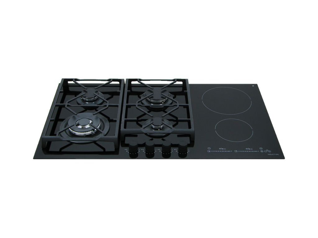 90 cm Ibrida Hob, 4 Gas Burners + 2 Electric Plates. Cast Iron Support. Front Knobs