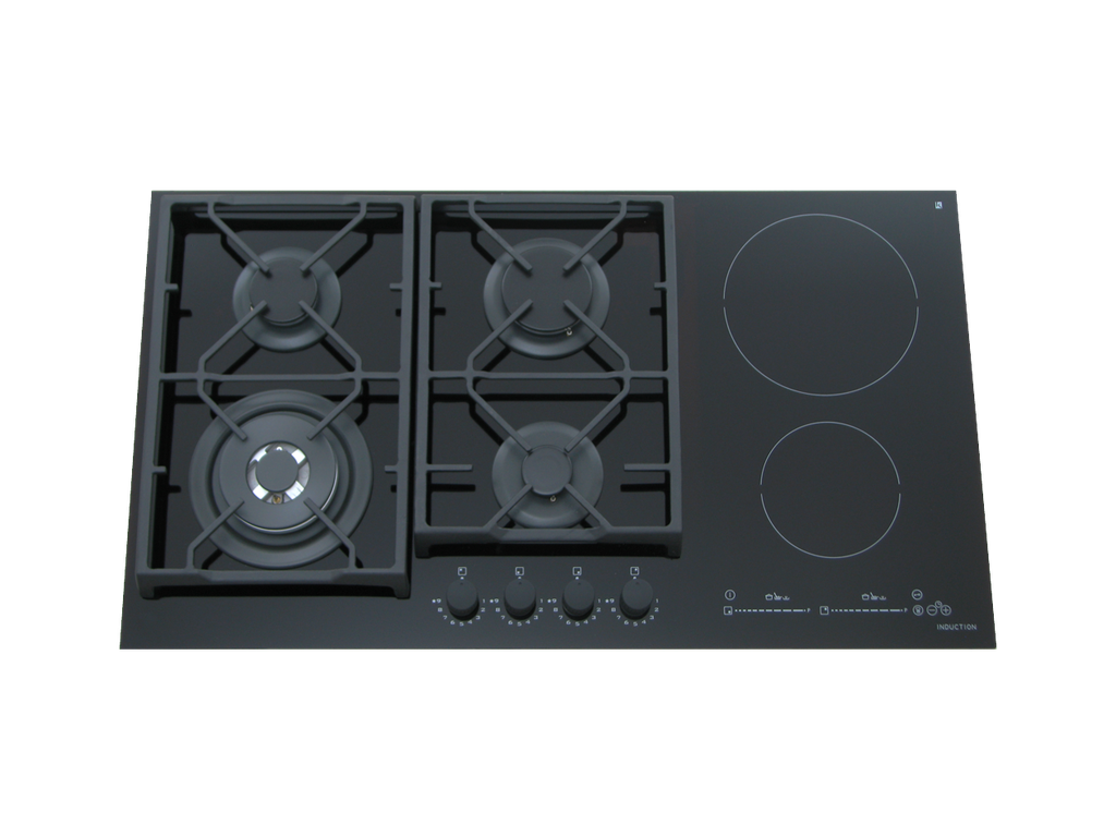 90 cm Ibrida Hob, 4 Gas Burners + 2 Electric Plates. Cast Iron Support. Front Knobs