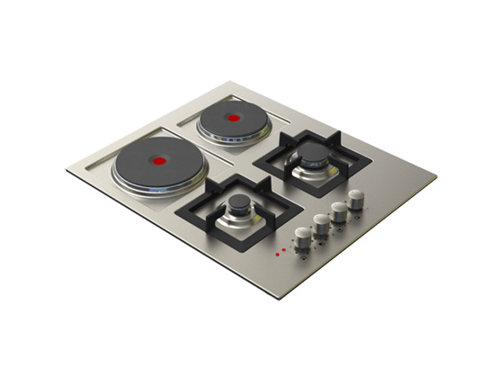 60 cm Jeweline Hob, 2 Gas Burners + 2 Electric Plates. Cast Iron Support.Side Knobs