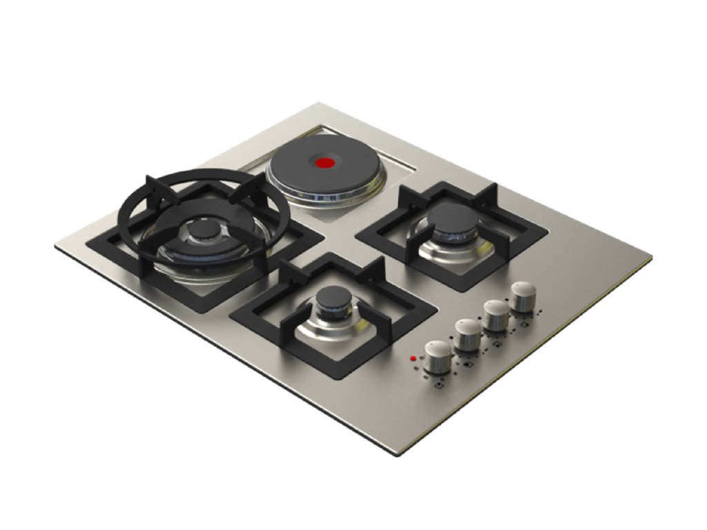 60 cm Jeweline Hob, 3Gas (1 Double Ring 4KW) + 1 Electric Plate -Cast Iron - Side Knobs